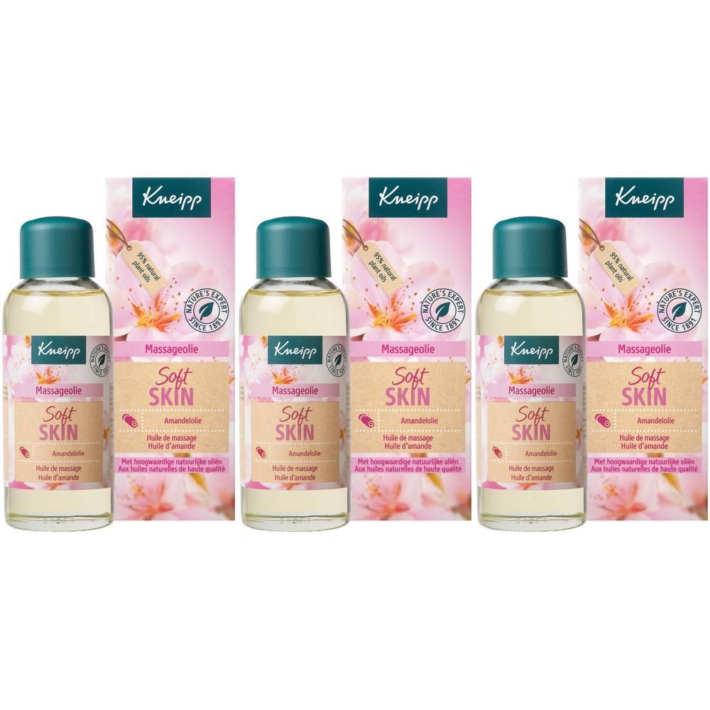 Trois flacons à bouchon vert et étiquette rose, accompagnés de trois boîtes au design similaire. Inscription : Kneipp, Soft Skin.