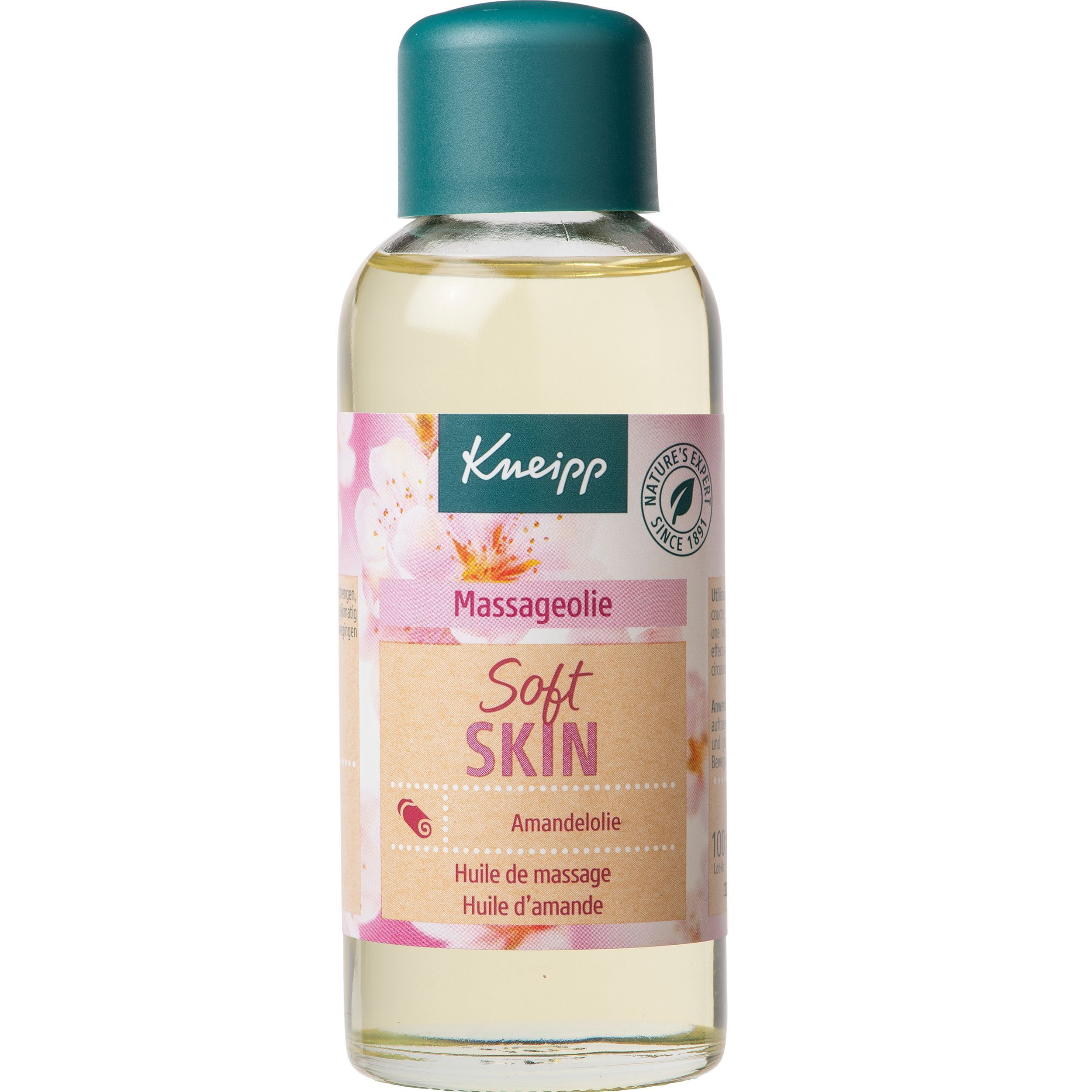 Transparante fles met groene dop en roze etiket. Opschrift: Kneipp, Massageolie, Soft Skin, Amandelolie. Bloemenachtergrond.