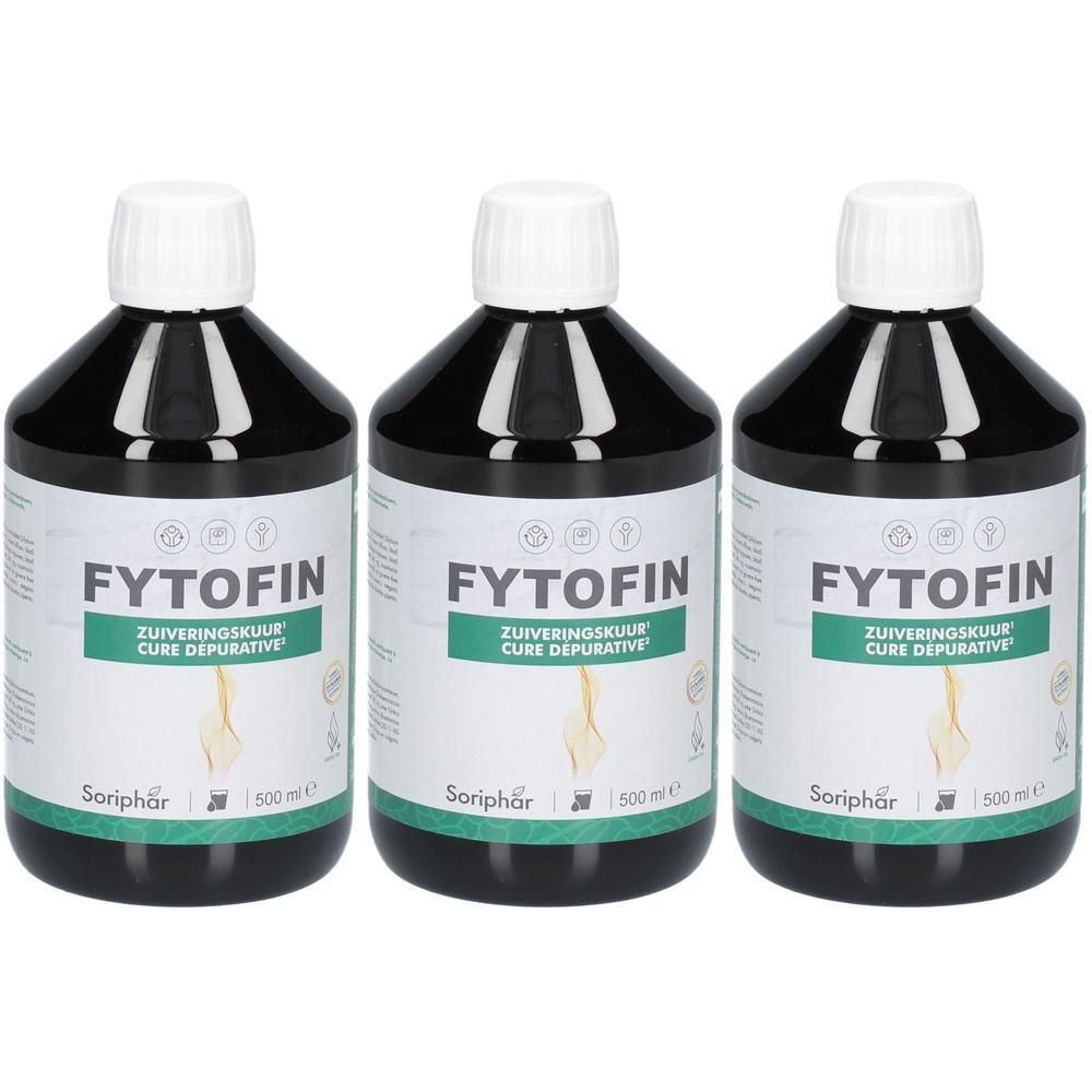 Drie flessen met witte dop en etiket. Opschrift: FYTOFIN, Cure Depurative. Merk: Soriphar. Inhoud: 500 ml.