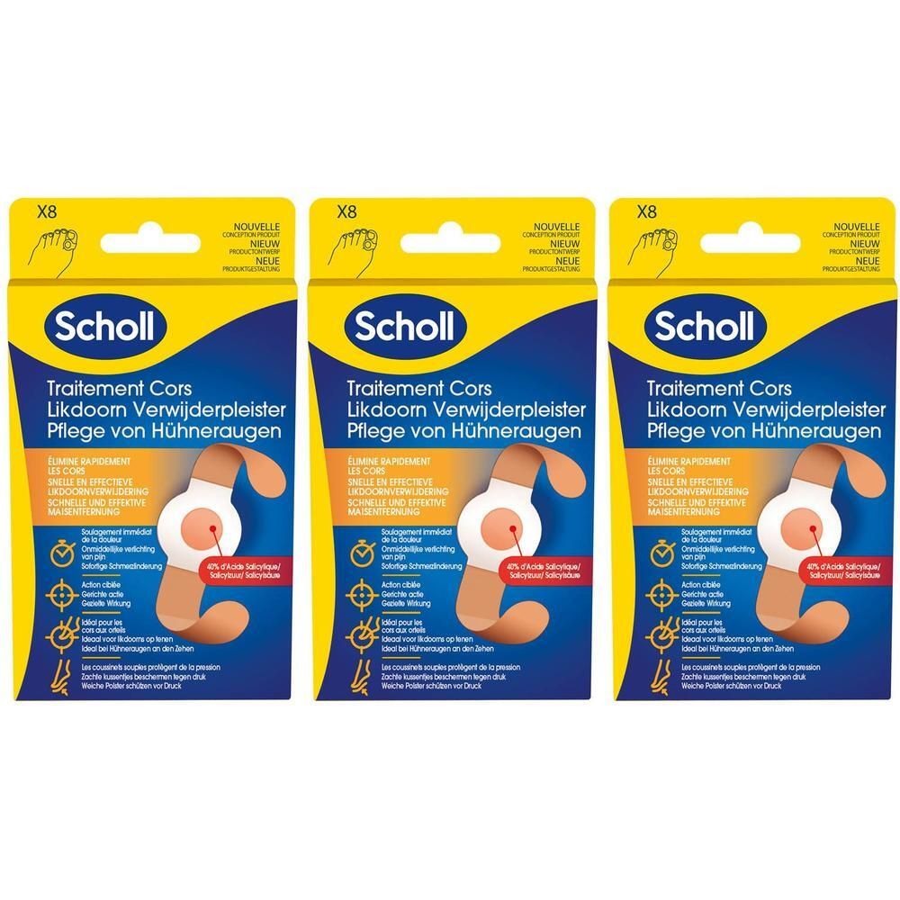 Drie dozen Scholl Emplâtres Anti-Cors. Gele verpakking met productafbeelding en tekst in meerdere talen.