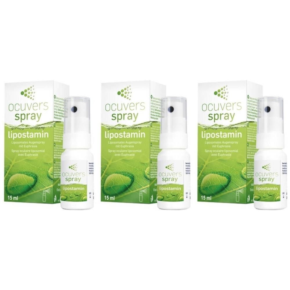 Drie verpakkingen en sprays. Op de verpakkingen staat "ocuvers spray lipostamin". De flacons zijn wit met een spraykop.