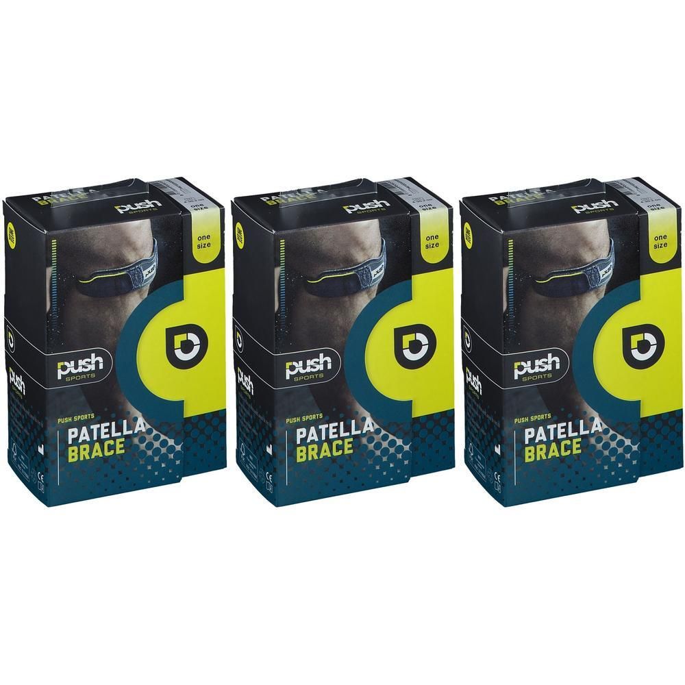 Trois boîtes Push Sports Patella Brace. Boîtes noires avec des accents jaunes et bleus. Image du produit et logo.