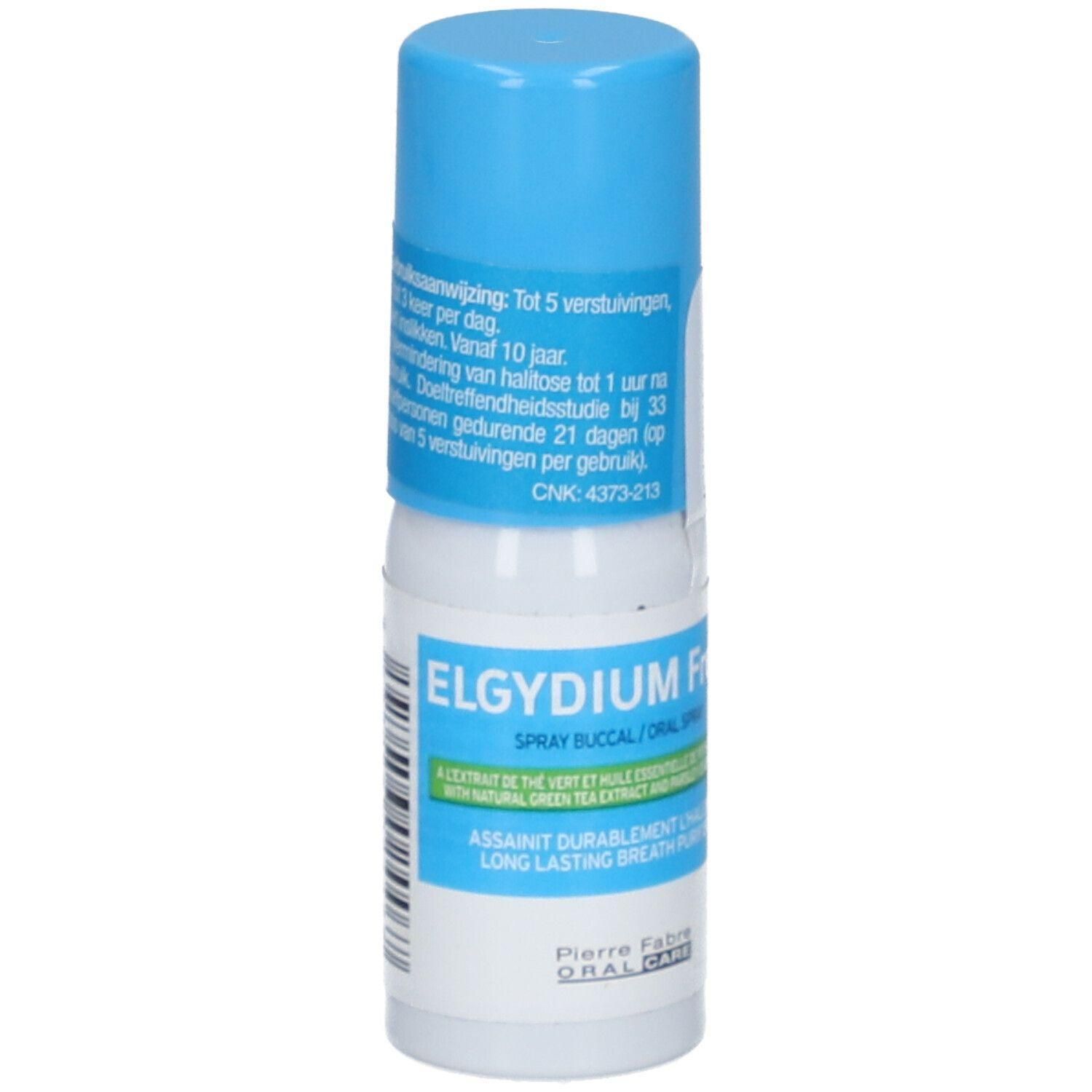 Spray buccal ELGYDIUM Fresh, bouchon bleu. Assainit durablement. Haleine Fraîche. Texte en français et anglais.