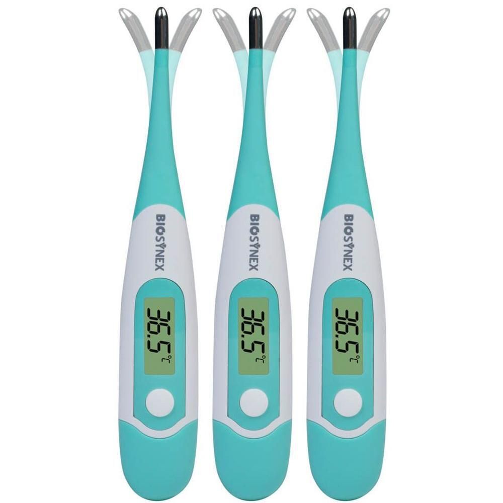 Drie digitale thermometers. Turquoise en witte behuizing, display met temperatuur 36,5°C. Merk: BIOSYNEX.