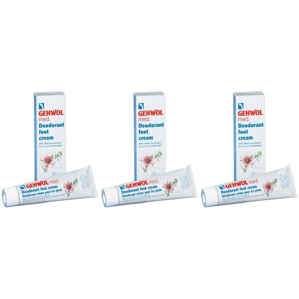Trois tubes et boîtes. Sur les tubes et les boîtes, on peut lire "GEHWOL med. Déodorant crème pour les pieds".