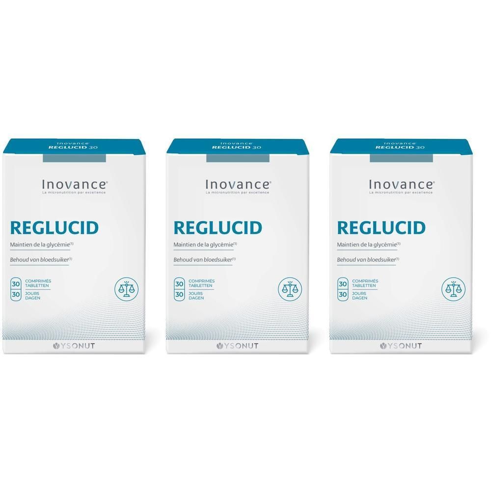 Trois boîtes blanches "INOVANCE Reglucid". Contient 30 comprimés. Logo et texte en français et néerlandais. Maintien de la glycémie.