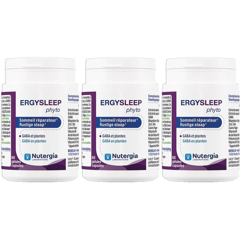 Trois flacons blancs avec étiquettes violettes. Inscription : ERGYSLEEP phyto, Sommeil réparateur, GABA et plantes. Marque : Nutergia. 60 gélules.