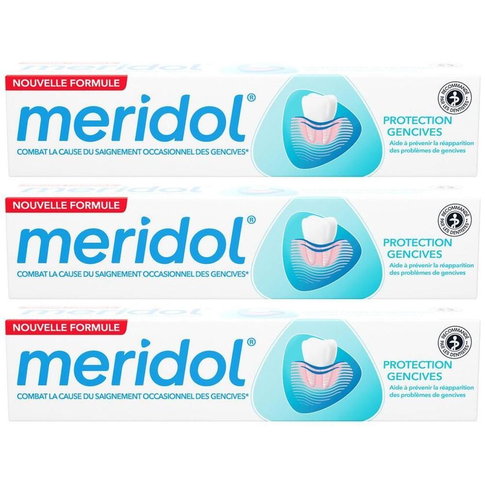 Trois tubes de dentifrice. Marque "meridol" et "Protection Gencives" visibles sur chaque tube.