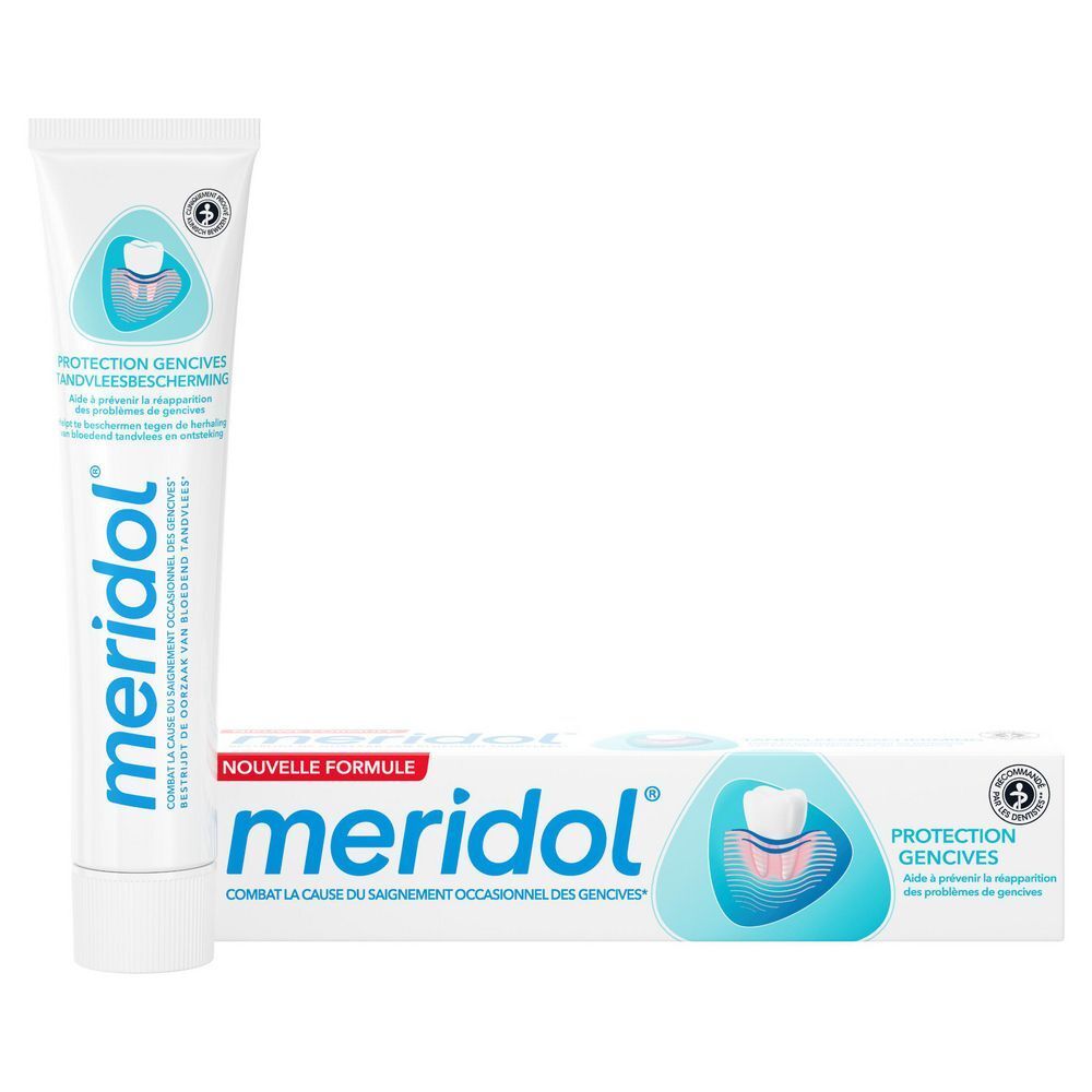 Tube et boîte de dentifrice. "meridol" et "Protection Gencives" sont visibles sur le tube et la boîte.
