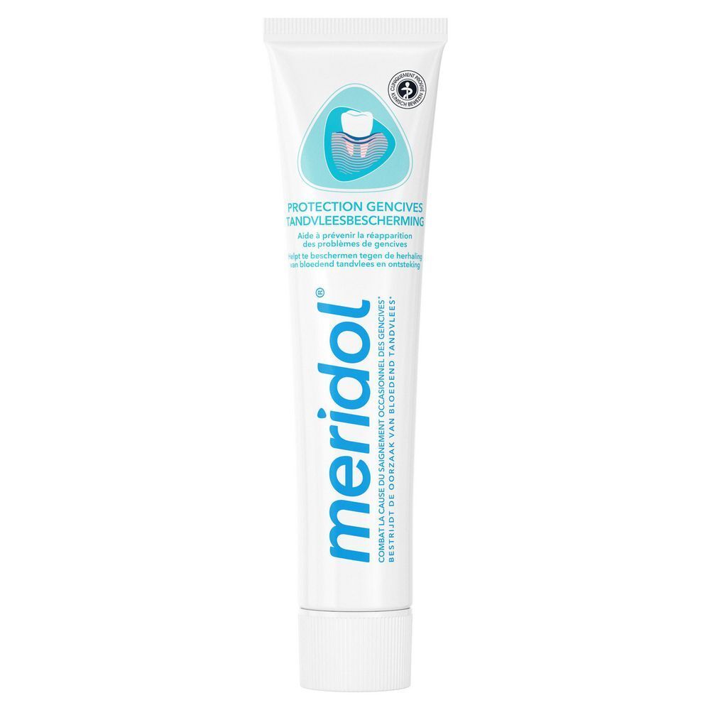 Tube tandpasta. Op de tube staat "meridol" en "Protection Gencives".