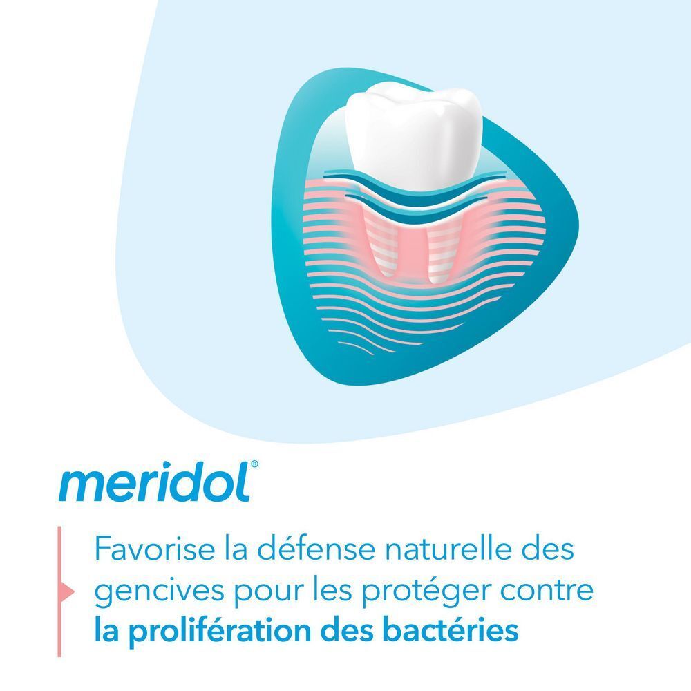 Graphique d'une dent et des gencives. Texte : "meridol" et informations sur la défense des gencives.