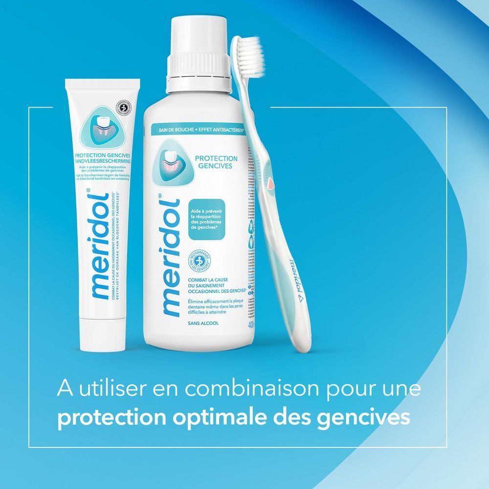 Tube de dentifrice, bain de bouche et brosse à dents. Texte : "meridol" et informations sur les soins optimaux.