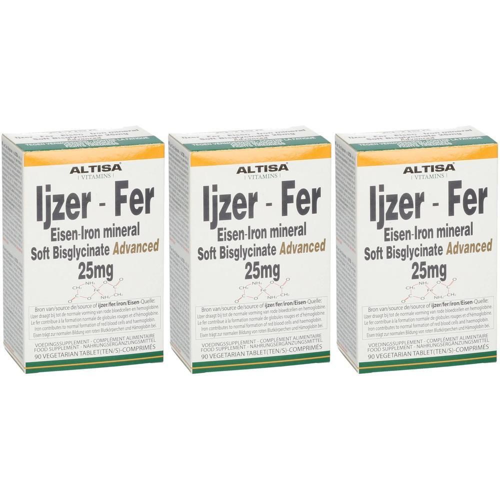 Drie dozen "Ijzer-Fer", ijzer-ijzermineraal, zacht bisglycinaat advanced 25mg. Merk Altisa. Witte dozen met zwarte en oranje tekst.