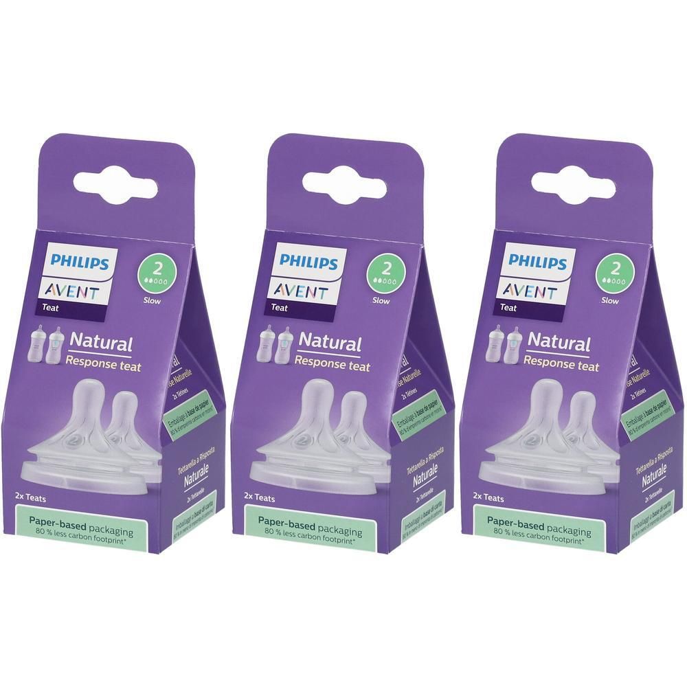 Drie verpakkingen Philips Avent Natural Response Tétine. Elke verpakking bevat twee spenen. Papieren verpakking, 80% minder CO2-voetafdruk.