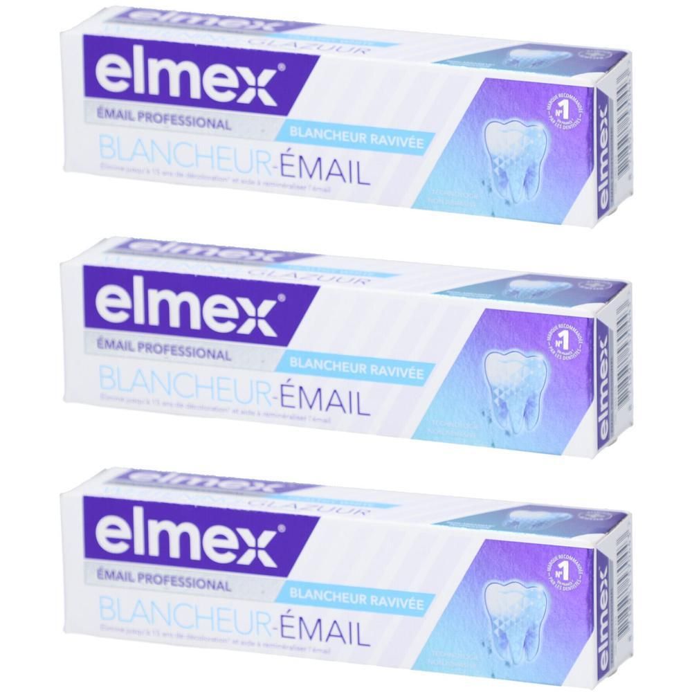 Drie tubes tandpasta. Op elke tube staat "elmex" en "Émail Professional Blancheur Émail". Een tand is afgedrukt.