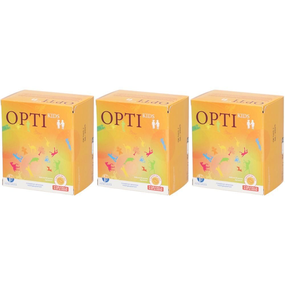 Drie gele dozen met de tekst "OPTI KIDS". Kleurrijke illustraties en logo's op de voorkant. Verpakking voor kinderen.
