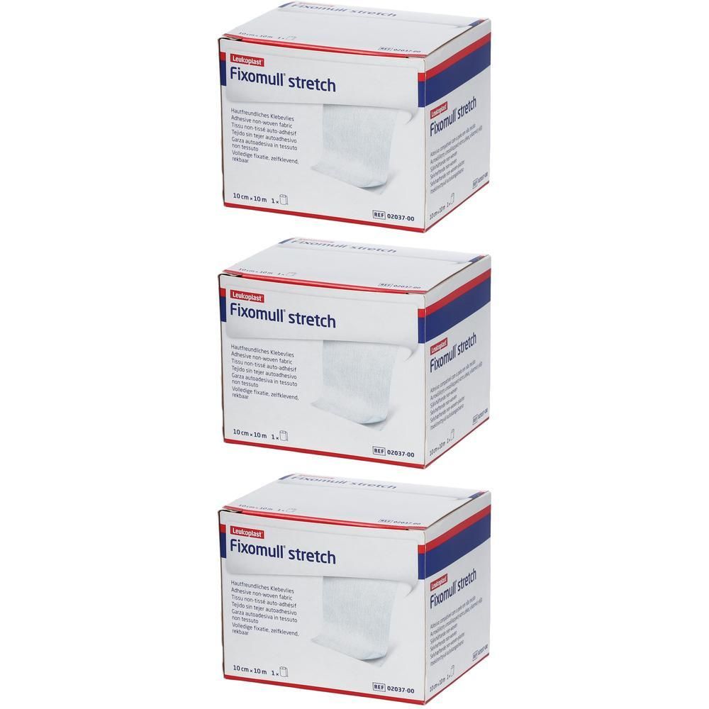 Trois boîtes portant l'inscription "Fixomull stretch". Chaque boîte présente un produit blanc. Les boîtes sont blanches avec des accents rouges et bleus.