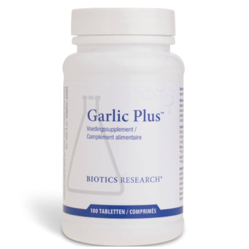 Flacon blanc "Garlic Plus". Contient 100 comprimés. Marque: Biotics Research. Complément alimentaire.