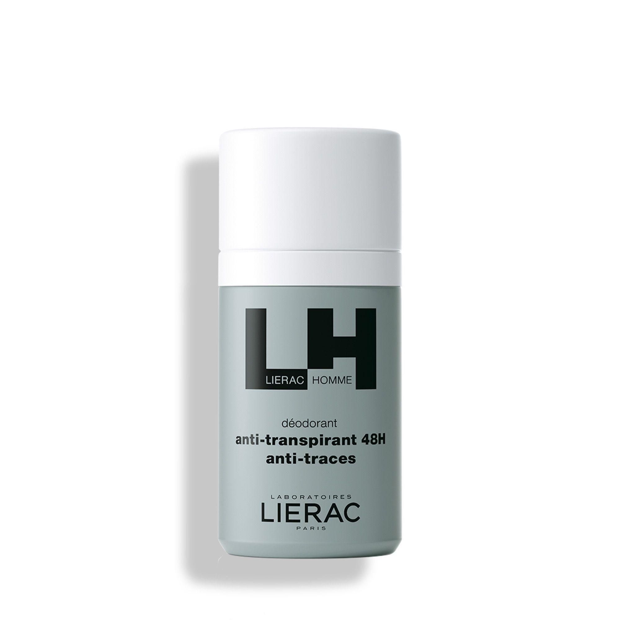 Lierac Homme deodorant. Grijze fles met witte dop. Zwarte tekst: LH, Lierac Homme, Déodorant Anti-Transpirant 48h, Anti-traces.