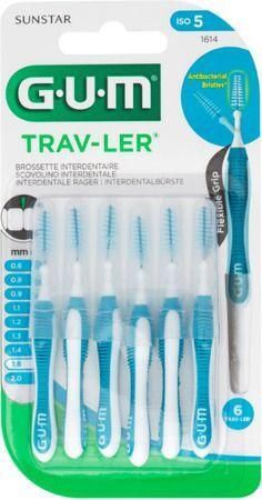 Verpakking met 6 interdentale borstels. Blauwe en witte handvatten, blauwe borstelharen. Merk GUM Trav-Ler. ISO 5.