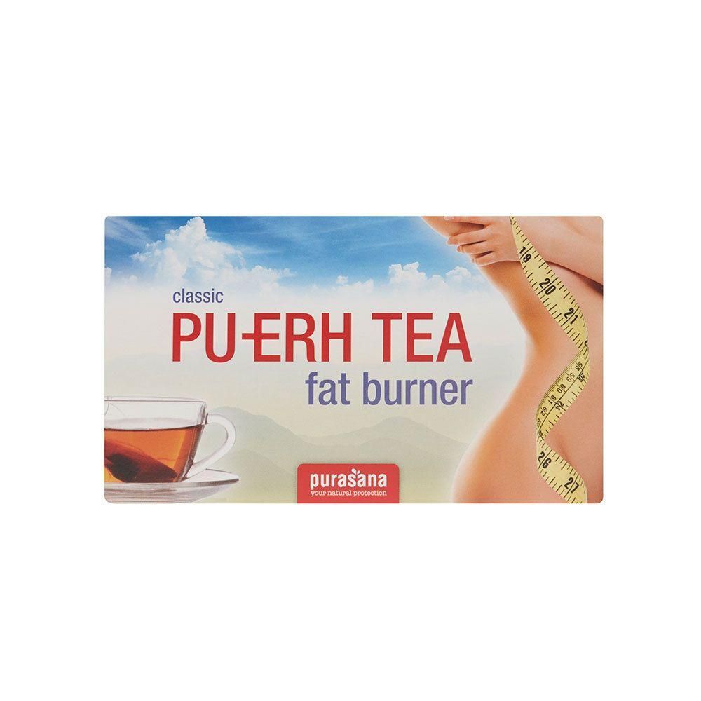 Verpakking met "PU-ERH TEA fat burner". Afbeelding van een kopje thee en een vrouw met een meetlint.