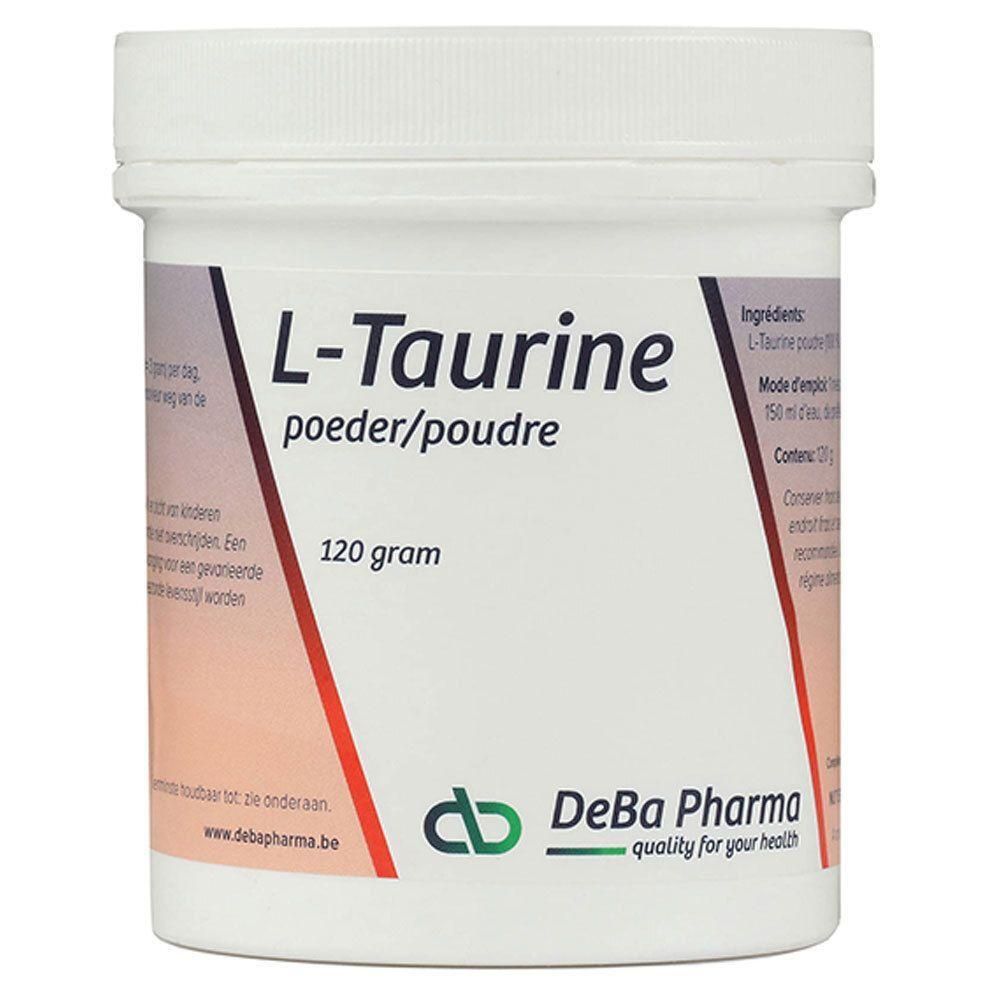 Pot blanc de poudre L-Taurine. Inscription : 120 grammes. Marque : DeBa Pharma.