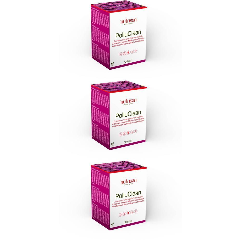 Trois boîtes Nutrisan PolluClean. Boîtes rectangulaires roses avec face avant blanche et nom du produit.