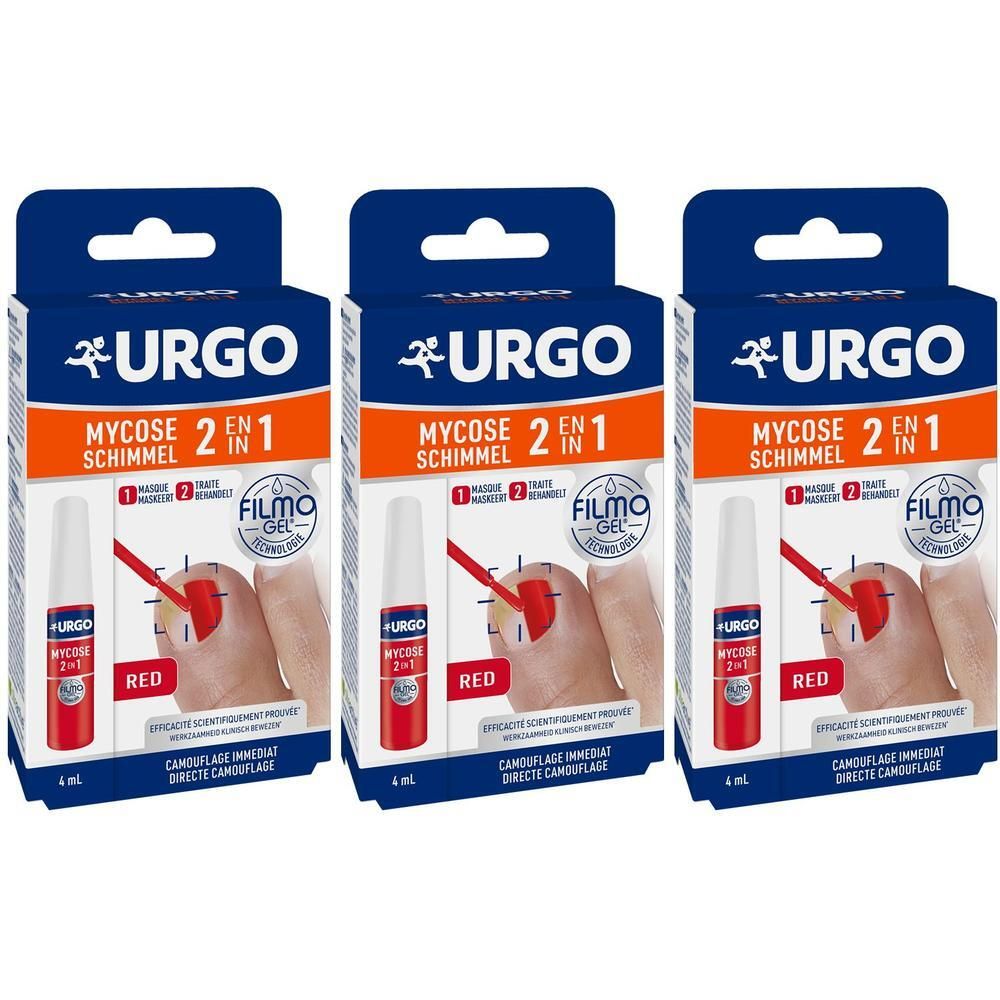 Drie verpakkingen URGO Mycose 2-en-1. Rode fles en verpakking. Opschrift: Mycose, 2 en 1, Schimmel. Met applicator.