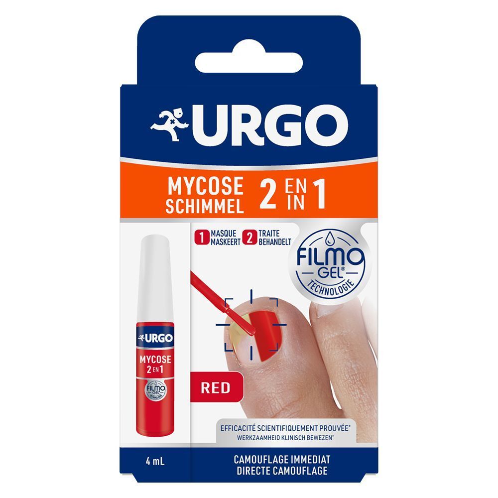 Boîte URGO Mycose 2 en 1. Flacon et emballage rouges. Inscription : Mycose, 2 en 1, Schimmel. Avec applicateur.