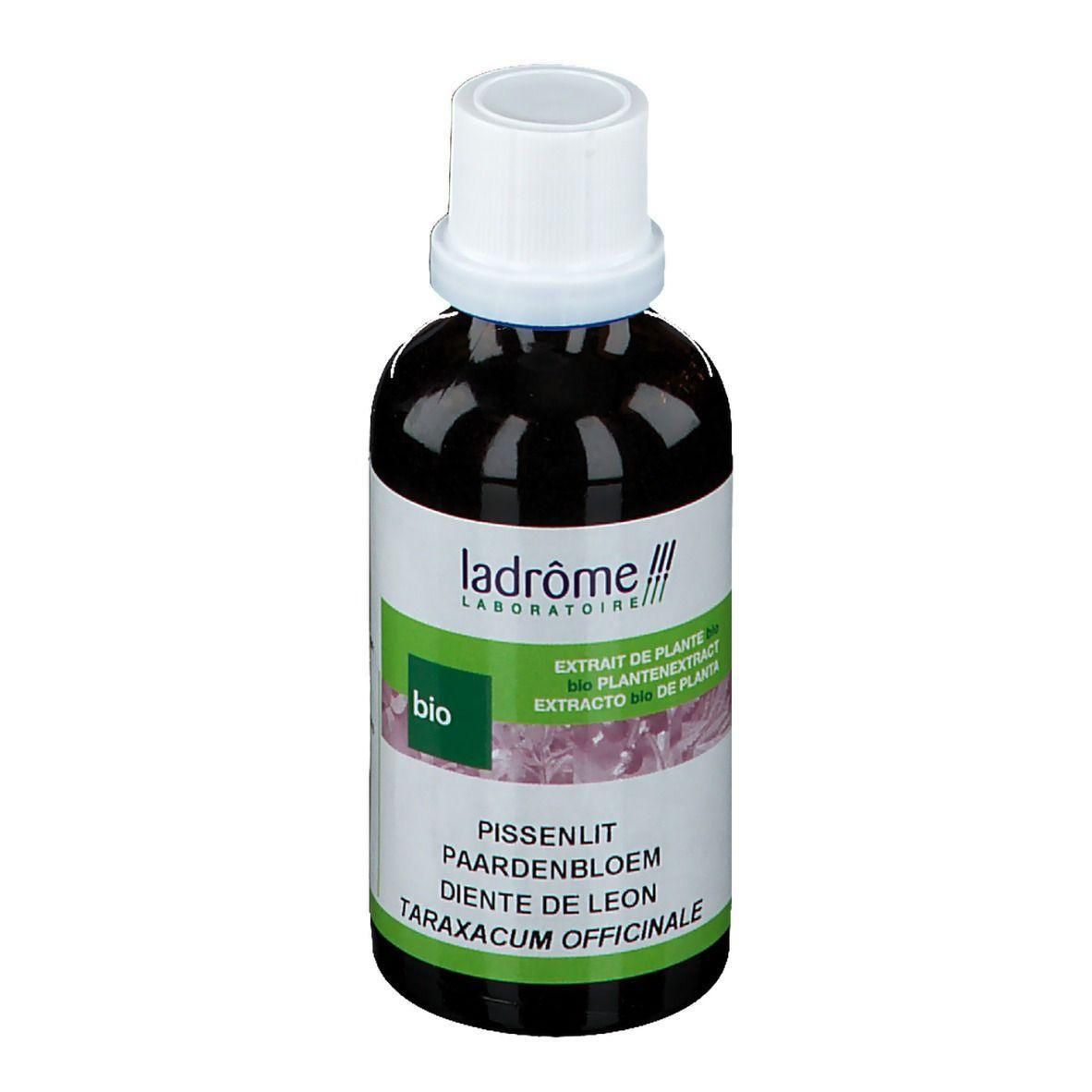 Bruine glazen fles met witte dop. Etiket met tekst: Ladrôme, bio, Extrait de Pissenlit. Meertalige productaanduidingen.