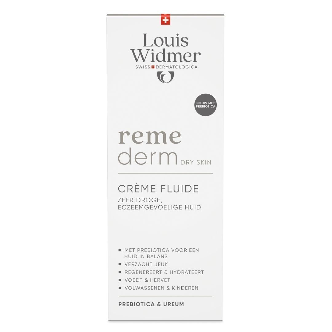 Verpakking Louis Widmer Remederm Crème Fluide. Wit met tekst en logo. Voor droge, eczeemgevoelige huid.
