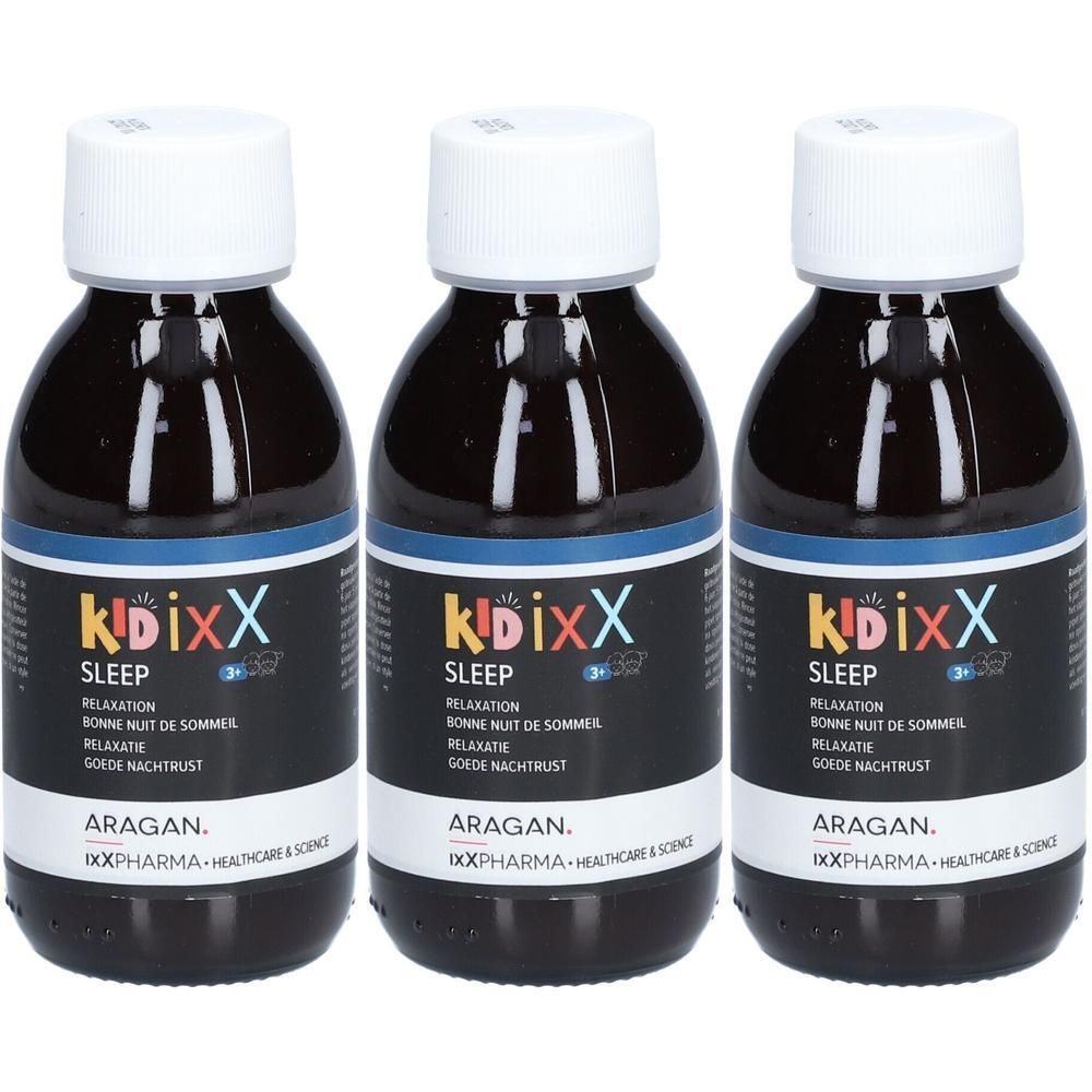 Trois flacons de liquide brun avec bouchons blancs. Étiquette avec texte KidixX SLEEP et autres langues. Marque visible.