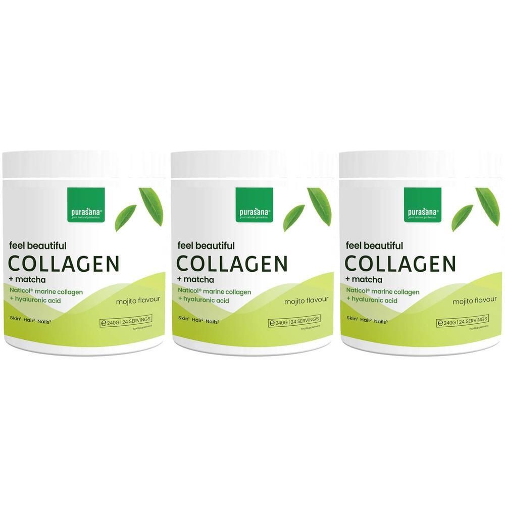Drie witte potten met groen etiket. Opschrift: Purasana Feel Beautiful Collagen + Matcha Mojito Flavour.