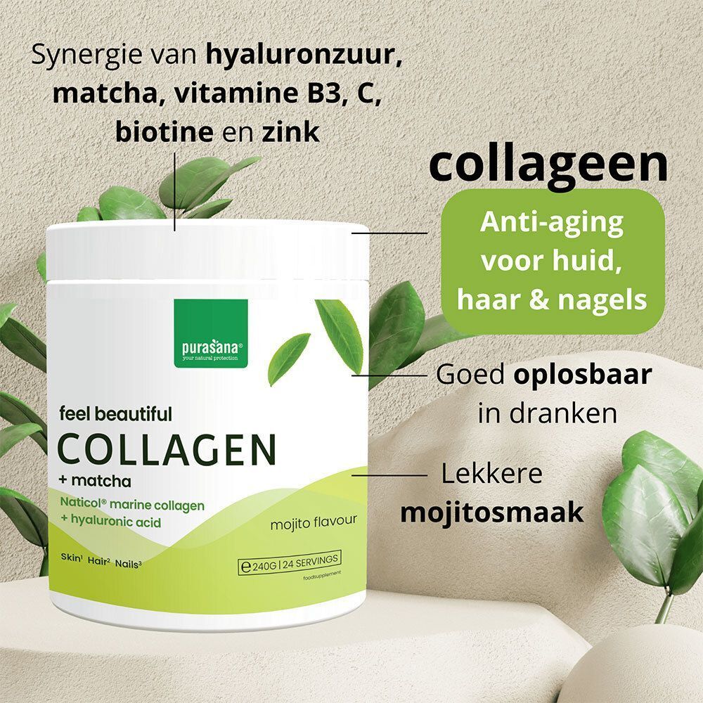 Witte pot met groen etiket. Tekst: Purasana Feel Beautiful Collagen + Matcha Mojito Flavour. Samenstelling en voordelen.