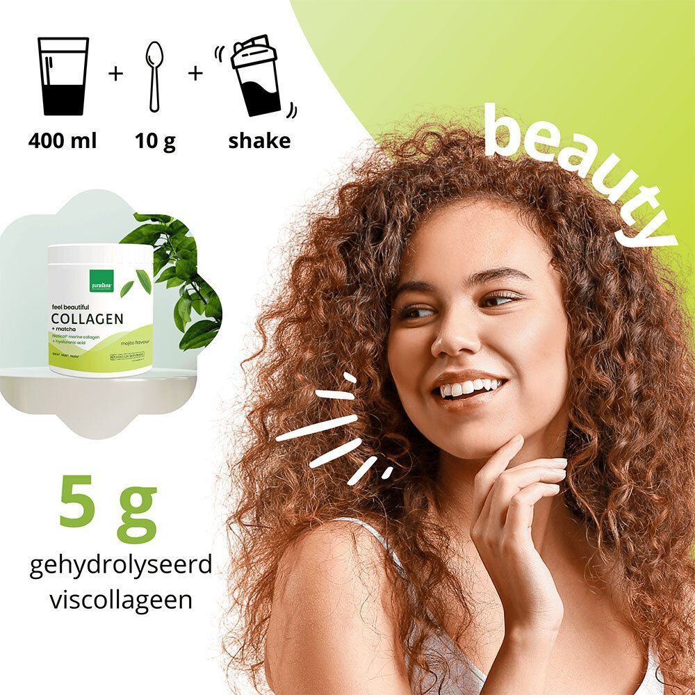 Vrouw met krullend haar, naast een pot. Instructies: 400 ml water, 10 g poeder, schudden. 5 g gehydrolyseerd viscollageen.