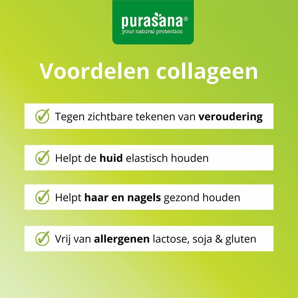 Groene achtergrond met tekst. Voordelen van collageen: anti-aging, huidelasticiteit, haar en nagels, zonder allergenen.