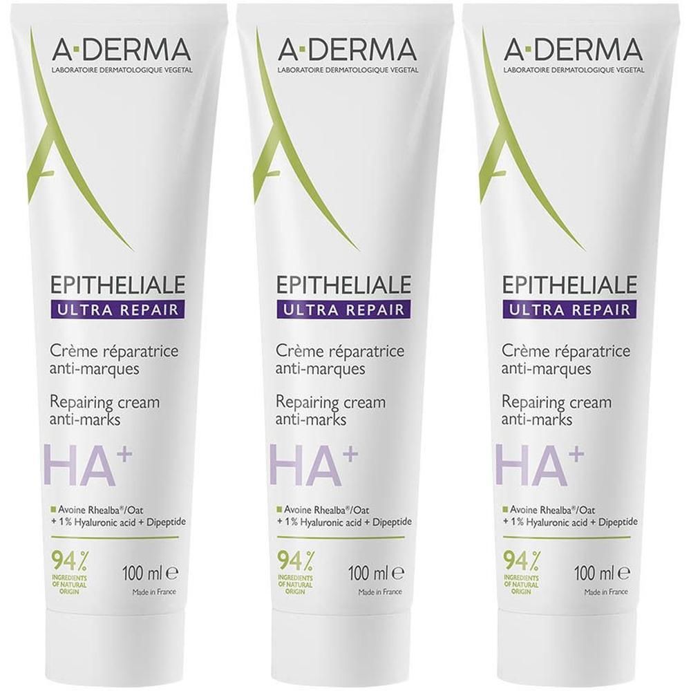 Drie tubes A-Derma Epitheliale Ultra Repair Crème. Wit, met paarse en groene tekst.
