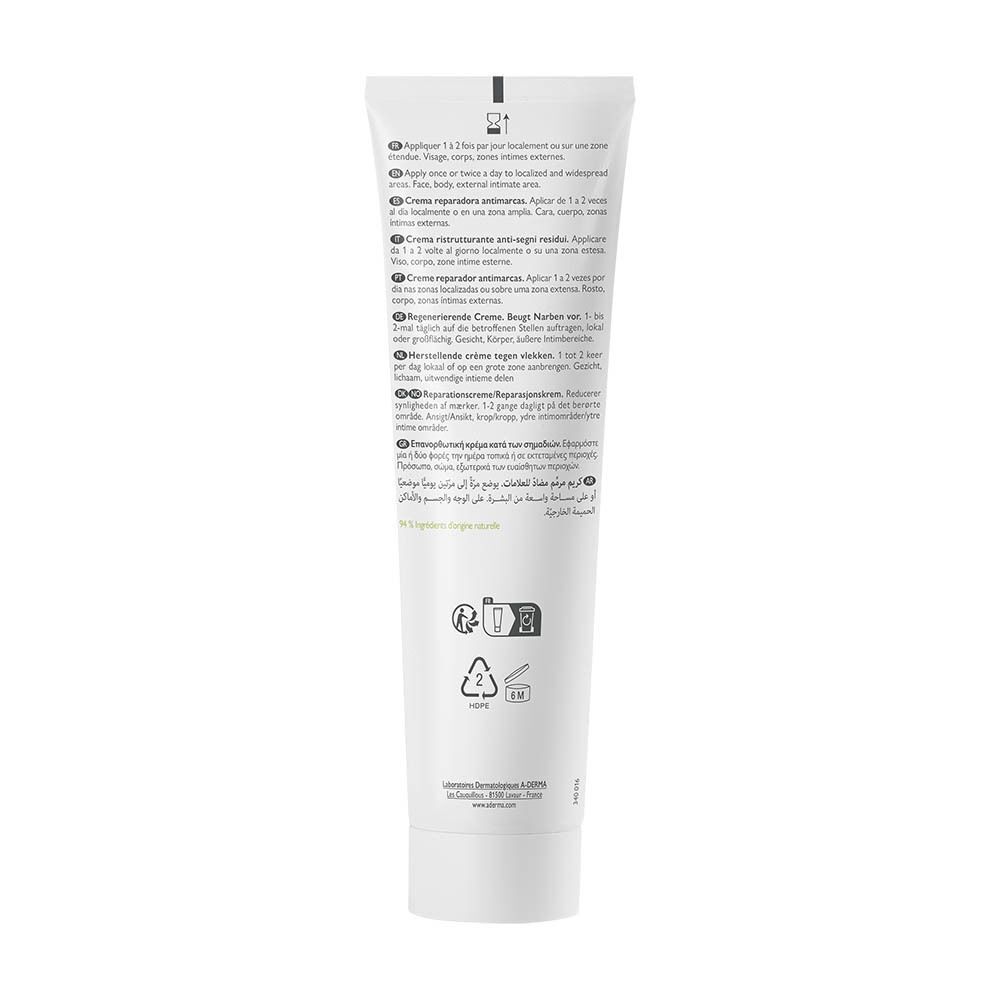 Achterkant van een tube A-Derma Epitheliale Ultra Repair Crème. Meertalige tekst.