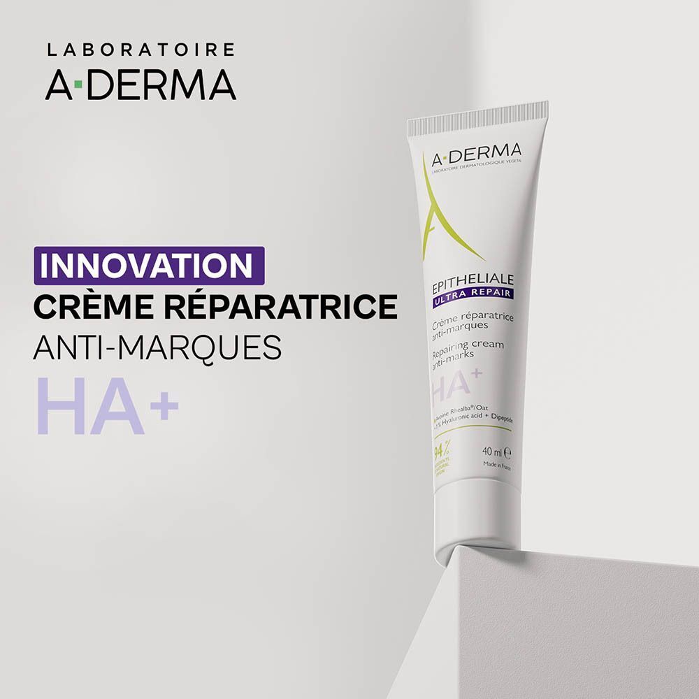Tube de crème A-Derma Epitheliale Ultra Repair. Texte: Innovation crème réparatrice anti-marques HA+.