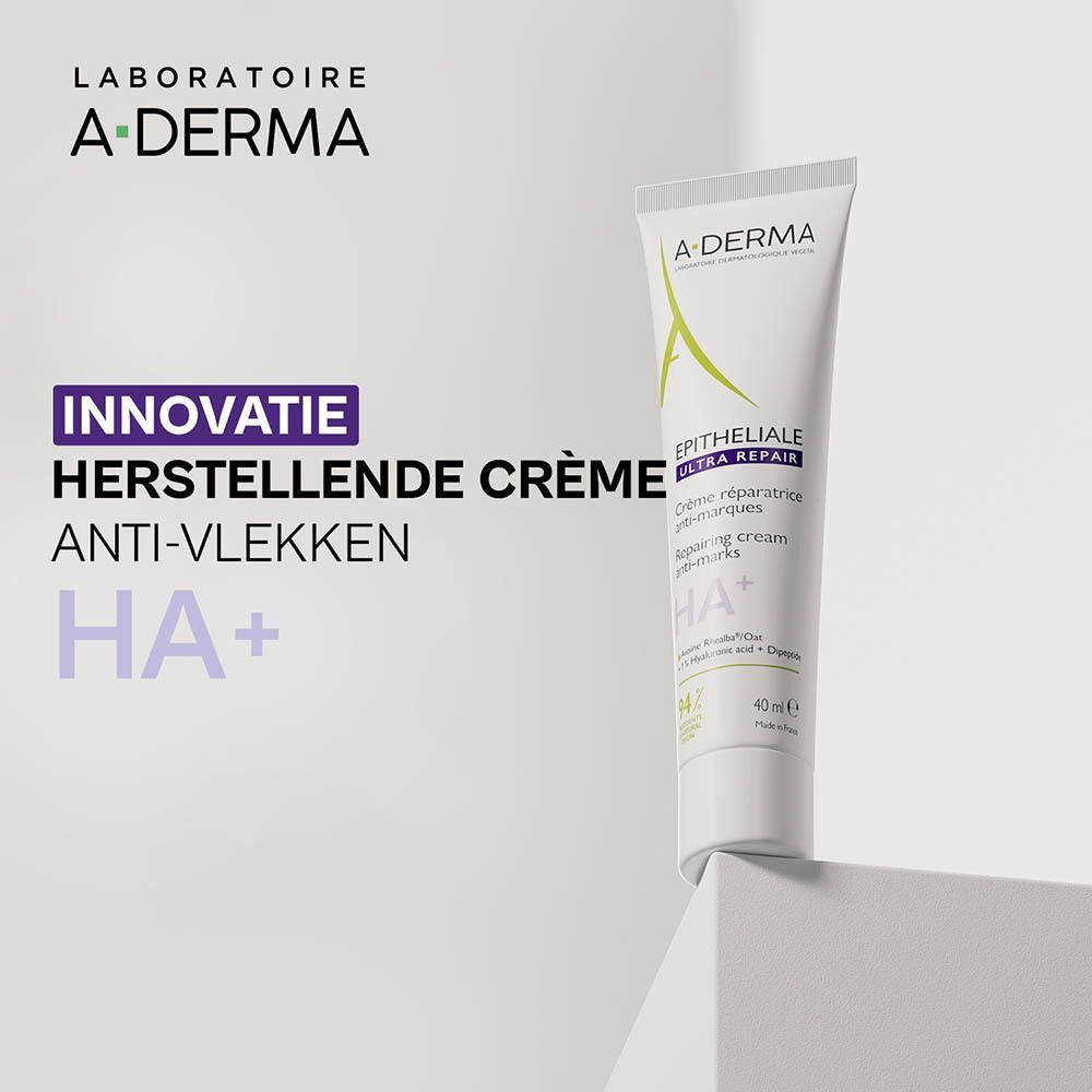 Tube A-Derma Epitheliale Ultra Repair Crème. Tekst: Innovatie herstellende crème anti-vlekken HA+.