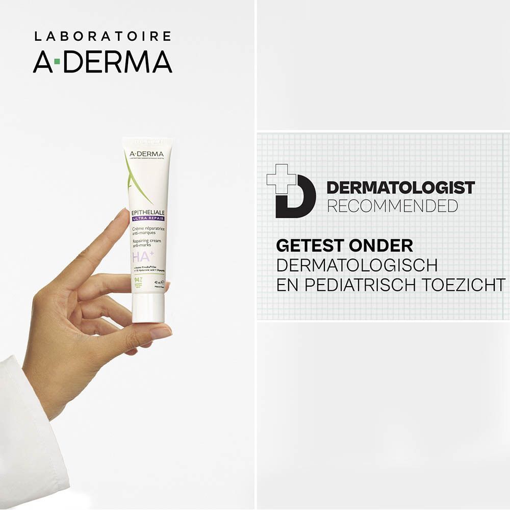 Hand houdt tube A-Derma Epitheliale Ultra Repair Crème vast. Tekst: Getest onder dermatologisch toezicht.