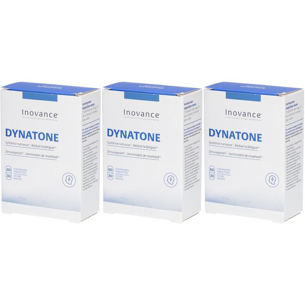 Drie witte dozen met blauwe deksel. Opschrift: Inovance Dynatone. Tegen vermoeidheid. 60 capsules.
