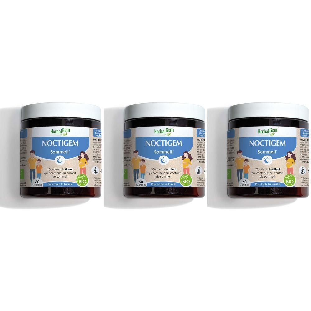 Trois pots avec couvercles blancs. Noctigem Sommeil, certification Bio, est écrit sur chacun.