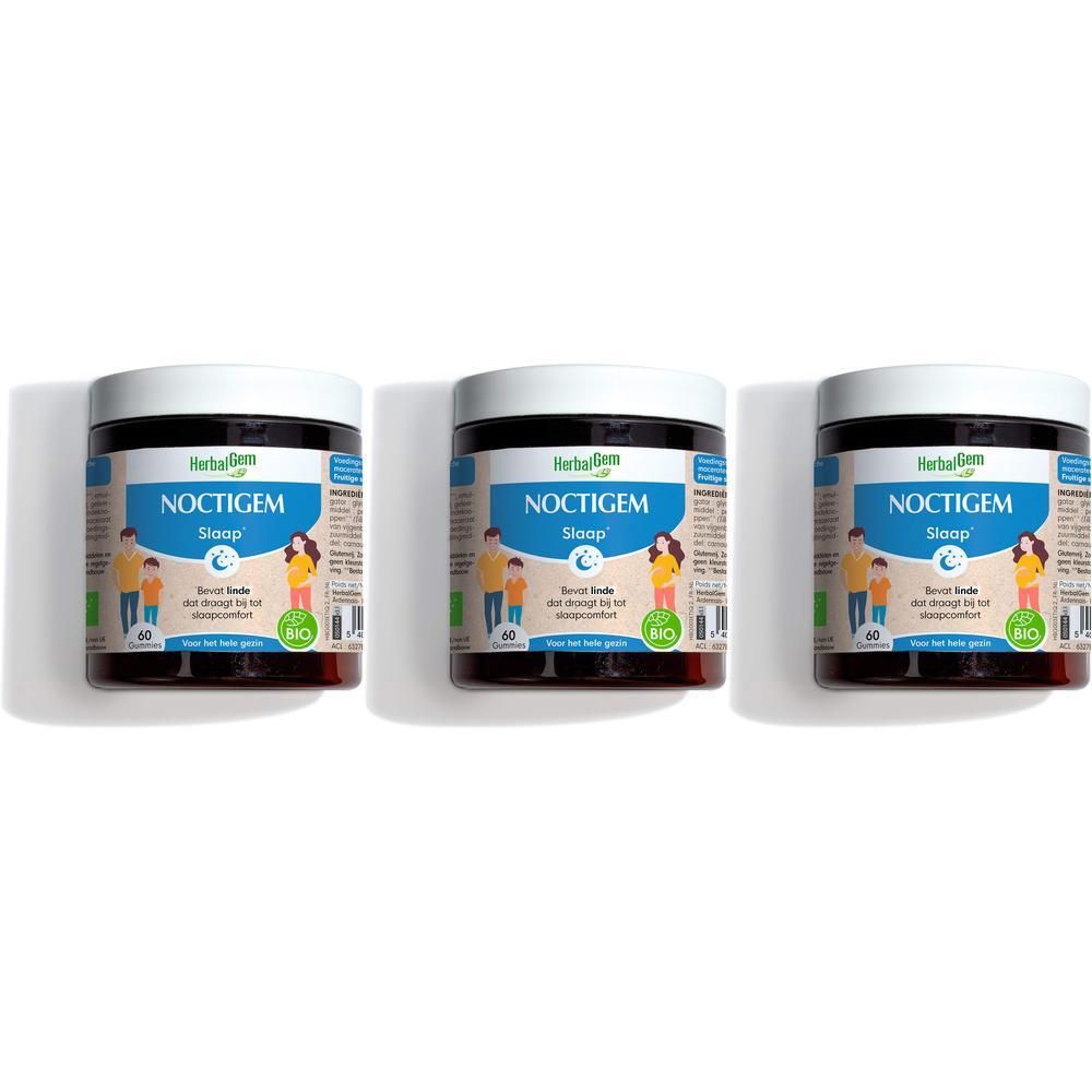 Drie potten met witte deksels. Op elke pot staat Noctigem Sleep, Bio-certificering.