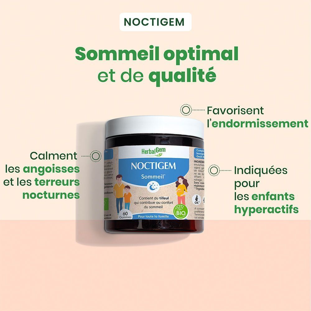 Pot de produit Noctigem Sommeil. Texte: Calment les angoisses, favorisent l'endormissement.