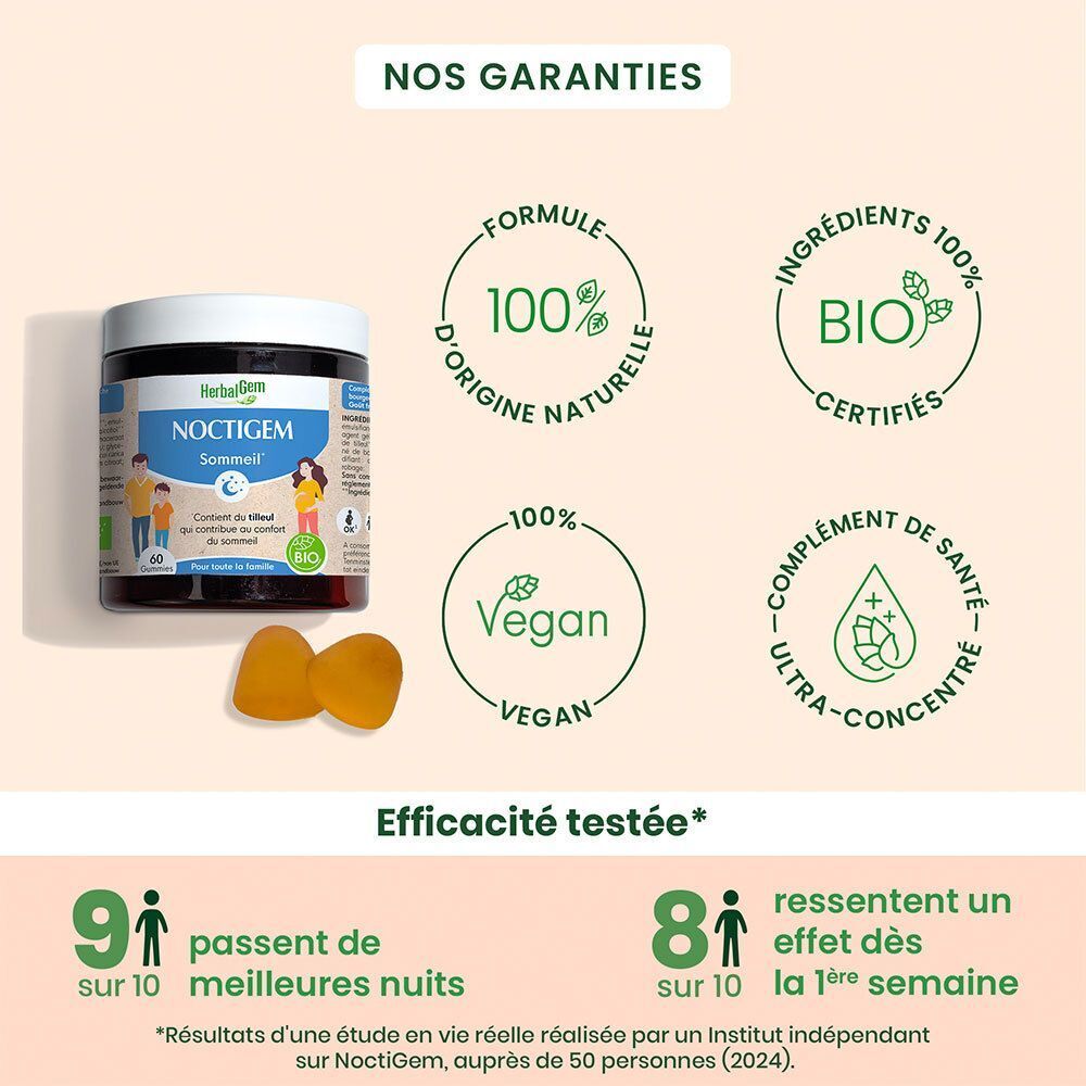 Pot de produit et deux gommes. Texte: Formule 100% d'origine naturelle, ingrédients 100% bio.