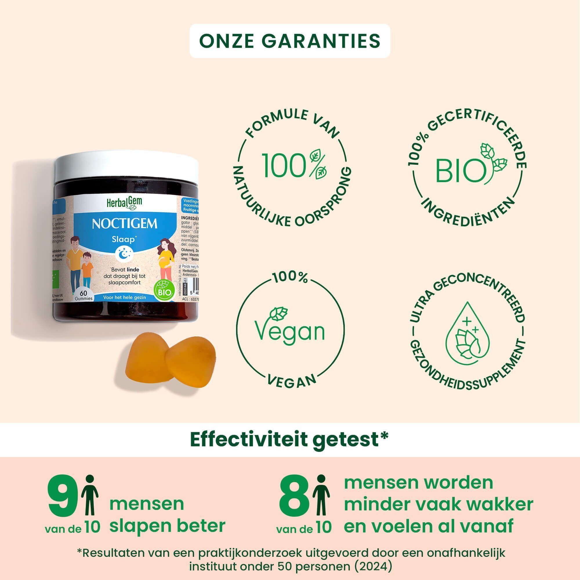 Productpot en twee gummies. Tekst: Formule van natuurlijke oorsprong, 100% vegan.