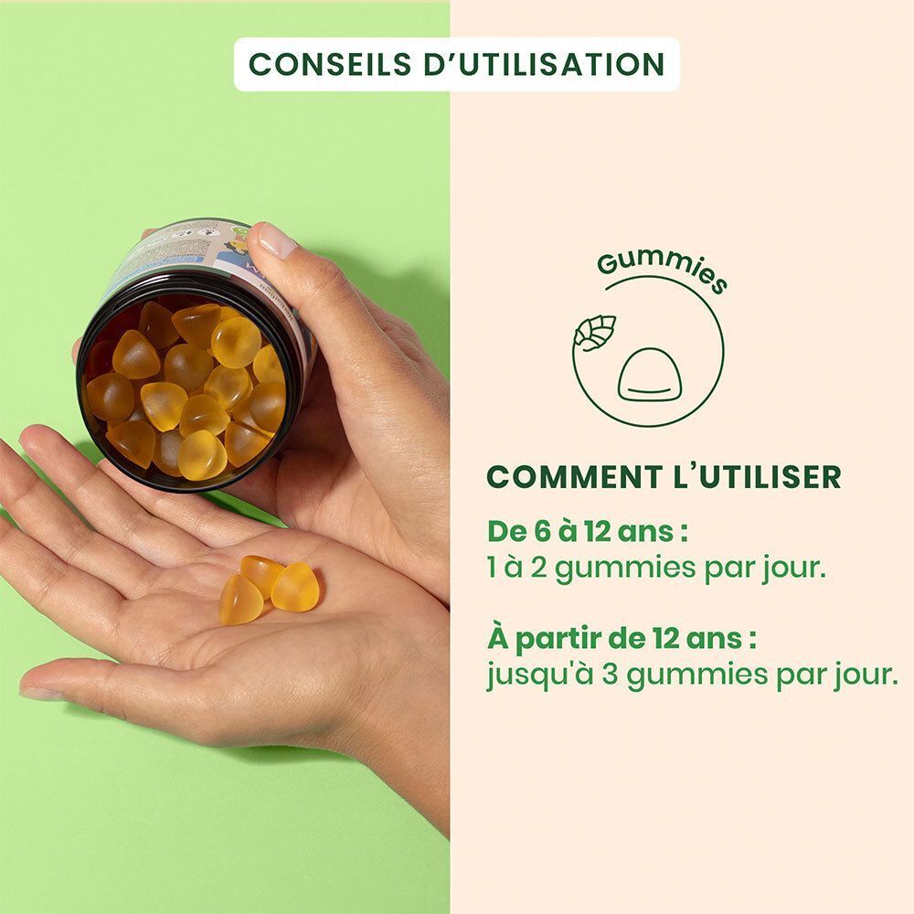 Main avec des gommes. Texte: De 6 à 12 ans: 1 à 2 gummies par jour. À partir de 12 ans: jusqu'à 3 gummies.