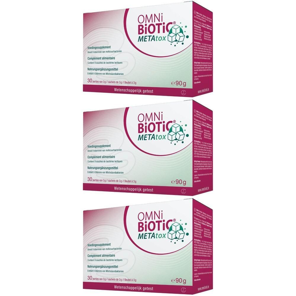 Drie dozen Omni-Biotic METAtox. Witte dozen met logo en productinformatie. 30 zakjes per doos.