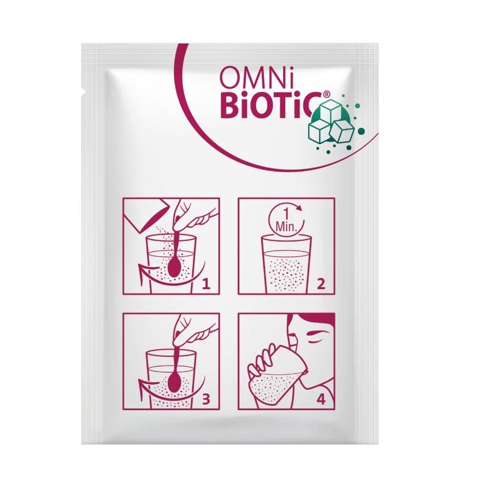 Enkele zakje Omni-Biotic. Illustraties tonen de bereiding: poeder in water, roeren, 1 minuut wachten, drinken.